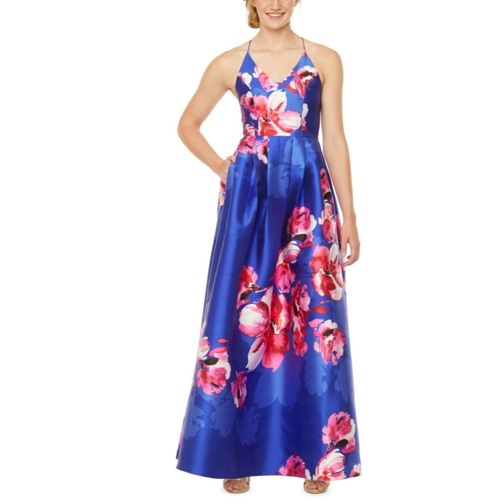 SALE! By & By Royal Blue/Pink Floral Evening Gown